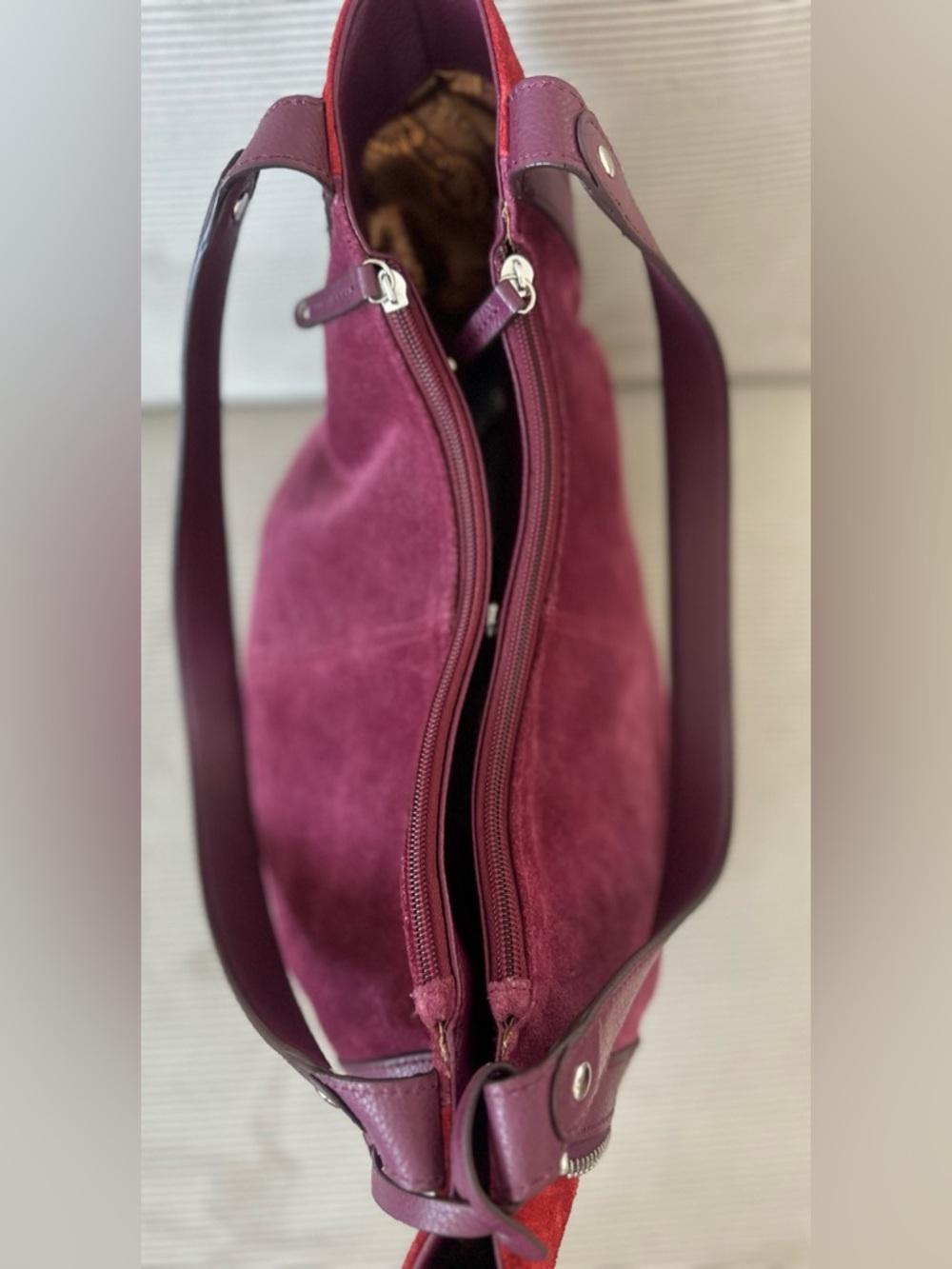 Tignanello Expandable Suede Shoulder Bag “rich burgundy” color - Picture 8 of 12